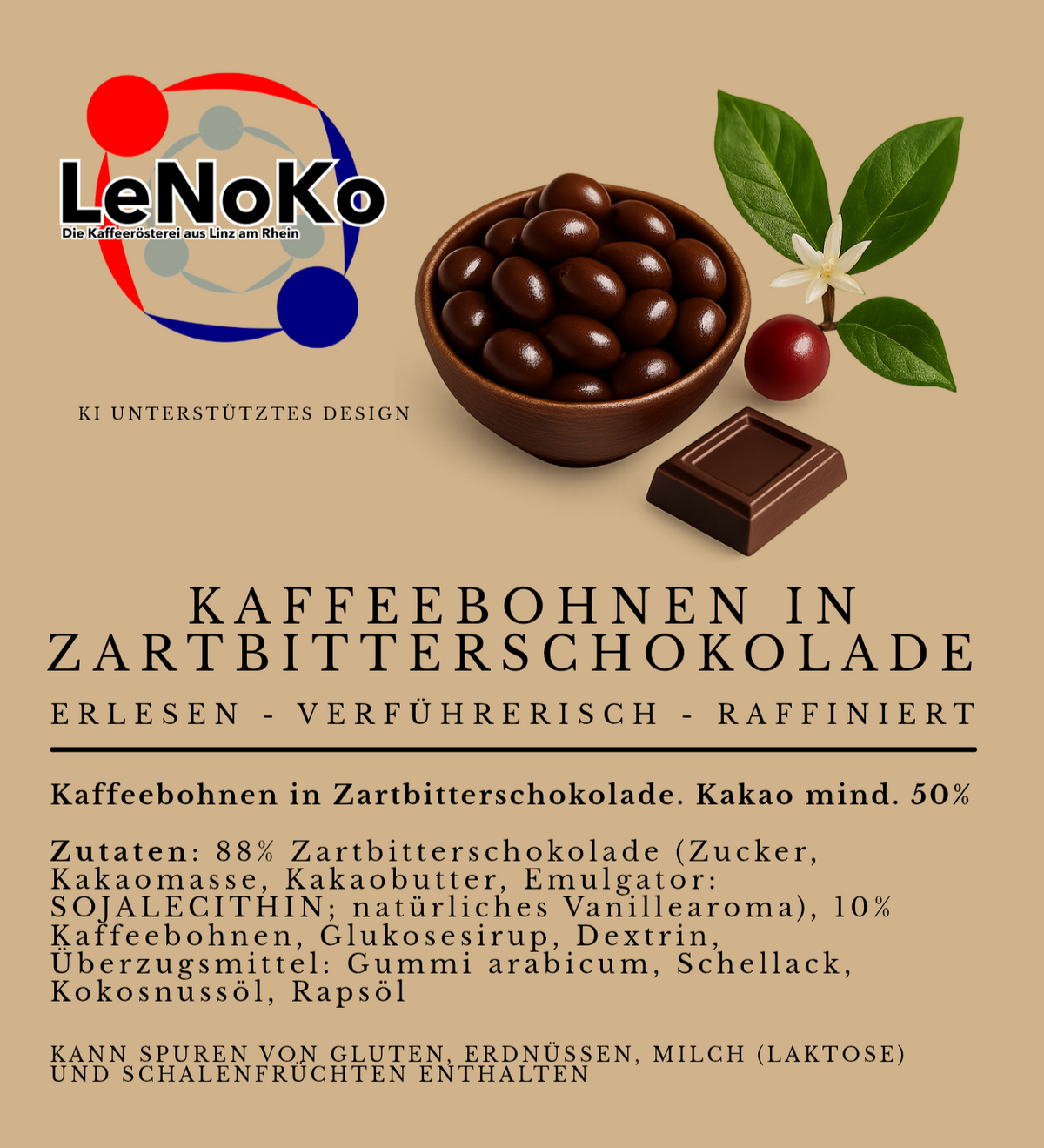 Etikett Schokolierte Kaffeebohnen